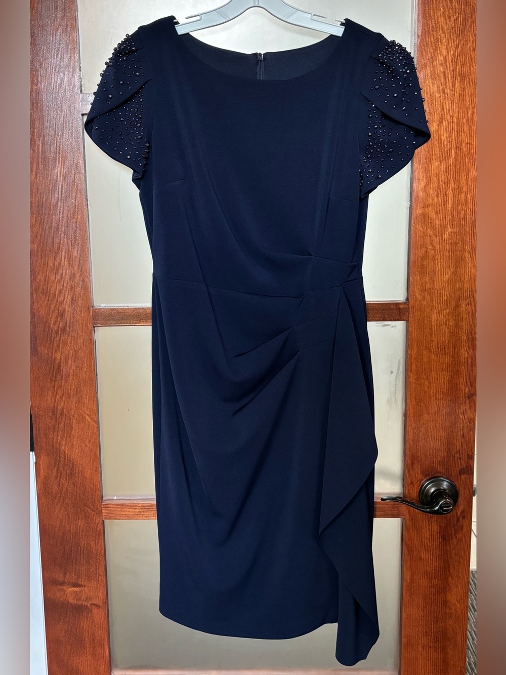 Frank Lyman Design Navy Midi Dress with Beaded Cap Sleeves